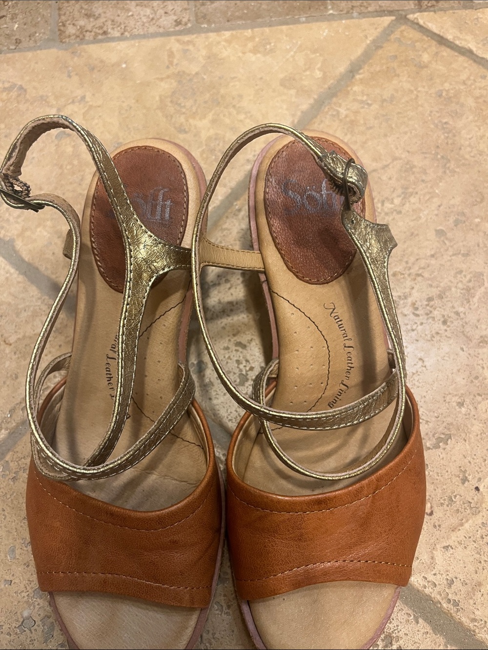Women's Brown Tan Leather Block Heel Sandals with Gold Straps - Picture 2 of 5
